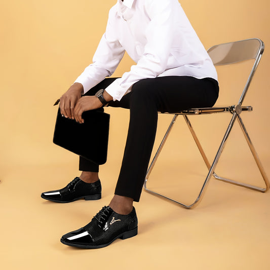 Men's Elegant Black & White Faux Dress Shoes - Fashionable Pointed Toe Lace-Up Oxfords with Comfortable Low Heel, Ideal for Weddings & Formal Events, All-Season Wear