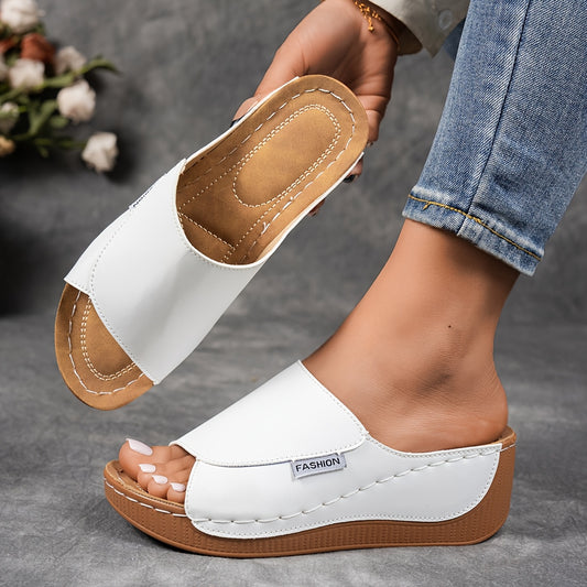Women'S White Wedge Sandals - Casual Open-Toe Slip-On Platform Sandals with Comfortable Thick Sole, Synthetic Faux Upper, and Stylish "FASHION" Embossed Design, Summer Footwear | Casual Wedge Sandals | Comfortable Footwea