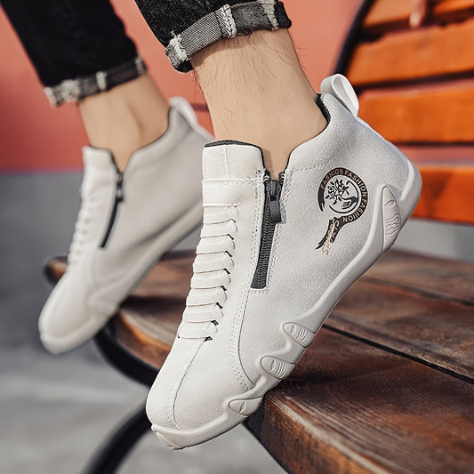 Men'S Casual High-Top Sneakers - White Lace-Up with Side Zipper, Breathable PU Upper, Comfortable EVA Insole, Ideal for Outdoor Activities, Outdoor Casual Wear | Casual High Top Sneakers | Laceup Construction