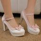 Elegant Women’s Mary Jane Ballet Pumps with Pink Bow, White Platform High Heels, Ankle Strap & Floral Lace Detailing – Perfect for Weddings, Parties, and Formal Events