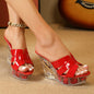Stylish Red Open-Toe High Heel Sandals for Women - Slip-On Transparent Strap Platform Pumps with Sole, Faux Cover Upper & Rubber Sole, Perfect for Music Festivals, Night Out, and Fashion Shows, Stiletto Heels