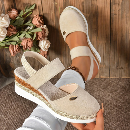 Women's Platform Sandals with Thick Cushioned Sole - Elastic Closure Round Toe Breathable Fabric Upper & Synthetic Cover Lining - Casual Beach Shoes for Summer Comfort, Ladies Sandals