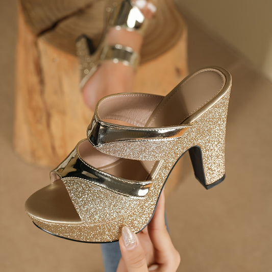 Elegant Golden Glitter Women's Platform Sandals - Sparkly Summer High Heels with Chunky Soles, Open Toe Design & Ankle Strap, Faux Cover