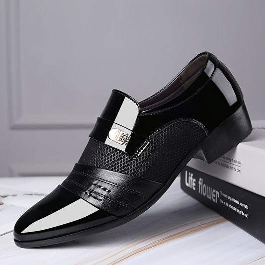 Men's Sleek Black Slip-On Dress Shoes with Metallic Accents - Pointed Toe, Breathable Synthetic, Rubber Sole - Perfect for Business, Casual, Weddings, Parties & Semi-Formal Events, Wedding Dress Shoes | Sleek Shoe Design | Textured Finish, Wedding Shoes
