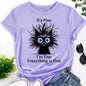 Whimsical 'It's Fine, I'm Fine, Everything is Fine' Cat Graphic Tee for Women - Light Blue, Casual Fit with Round Neck, Short Sleeves, Polyester, Machine Washable