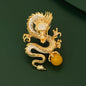 1pc Elegant Golden Dragon Brooch with Sparkling Cubic Zirconia & Amber Stone - Vintage Style Copper Chinese Zodiac Pin, Ideal for Suits & Dresses, Perfect Valentine's Gift for Women, Banquet Jewelry|Elegant Outfit Accent|Intricate Craftsmanship, Dragon De