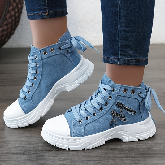 2025 Spring Autumn Women'S High Heel Shoes, Breathable Outdoor Casual, Thick Sole, Heightening Zipper, Round Toe, Solid Color, PVC Sole, Fabric Upper and Inner, Man-made Insole, Hand Wash or Professional Dry Clean