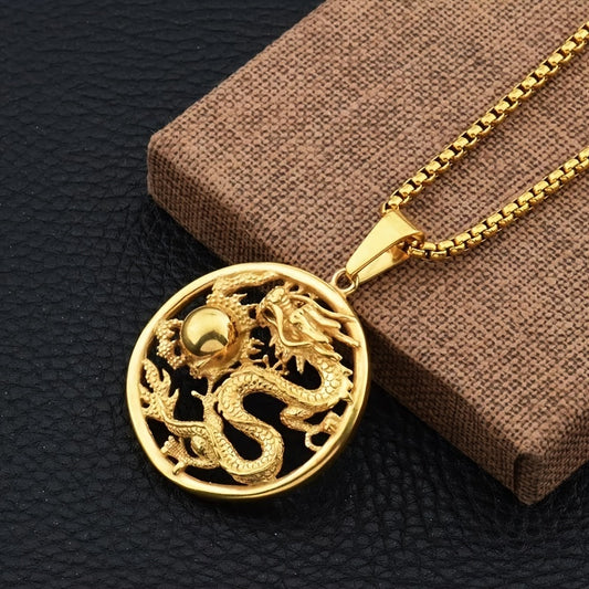 1pcs New Fashion Retro Chinese Ethnic Style Twelve Zodiac Dragon Medal Pendant Men's And Women's Necklace Punk Lucky Amulet Jewelry Gift