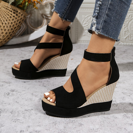 Women'S Elegant High-Heel Sandals with Platform Wedge - Olive Green, Open Toe, Zipper Closure, Stylish Strap Design, Summer Fashion, Fashionable Footwear | Strappy Sandals | Platform Wedge