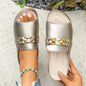 Summer New Fashion Versatile Pink Sandals With Golden Buckle Chain Decoration, Round Toe, Open Toe, Thick Bottom, Daily Casual Lightweight And Comfortable Slip-on Sandals For Plus Size Women In Foreign Trade.