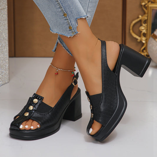 2025paragraph Women's Chunky Heel Open-Toe High Heels - Slip-On Synthetic Cover Block Heels with Decorative Studs, Black Elegant Versatile Dress Shoes for Casual & Formal Occasions, High Heel Boots, Everyday Elegant Wear, Crisscross Strap Design, Durable