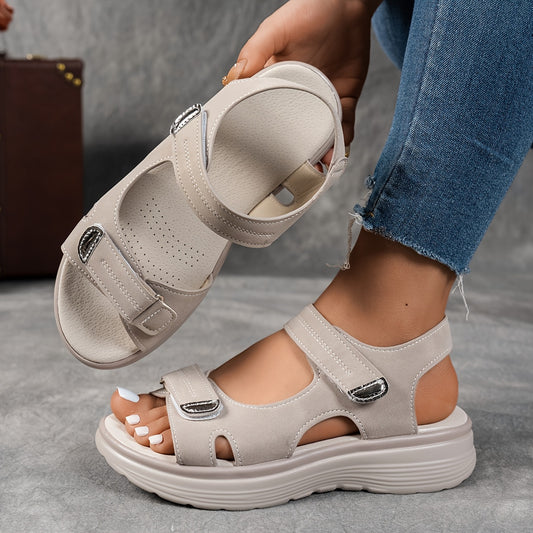ZPLXQQ Women's Summer Casual Black Platform Wedge Sandals - Open Toe, Breathable PU Upper, Ankle Hook and Loop Closure, Solid Color, Beachwear, Strappy Sandals