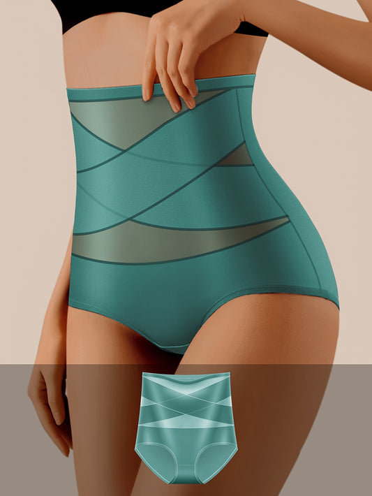QUASTI Women's High-Waist Shapewear Panties - Teal, Breathable & Comfortable, Tummy Control with Cross-Strap Detail, Elegant Nylon/Spandex Blend, Hand Washable, Tummy Control Underwear