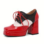 Women'S Sexy Mary-Jane High Heels, Solid Color Block Heel Square Toe Pumps, Breathable Waterproof Platform Shoes with Bow Embellishment, All-Season Man-Made Material, Rubber Sole - Available in Red