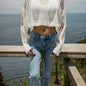 Solid Cut Out Crop Knitted Sweater, Cute Long Sleeve Crew Neck Sweater For Spring & Summer, Women's Clothing