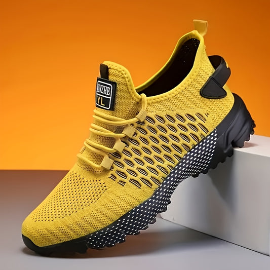 Men's High-Top Athletic Sneakers - Breathable Mesh & Cushioned Inserts for Comfort - Durable EVA Sole, All-Season Wear - Ideal for Basketball, Running & Casual Style - Yellow with Black Accents, Low-Top Design, Lace-Up Closure