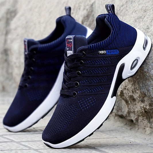Men's Breathable Comfortable Sports Shoes - Shock-Absorbing Anti-Slip Mid-Top Lace-Up Design, Fashionable Woven Knit Upper, All-Season Black & White for Outdoor Jogging & Walking, Sleek Sporty Look, Shockabsorbing Footwear