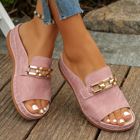 Summer New Fashion Versatile Pink Sandals With Golden Buckle Chain Decoration, Round Toe, Open Toe, Thick Bottom, Daily Casual Lightweight And Comfortable Slip-on Sandals For Plus Size Women In Foreign Trade.
