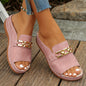 Summer New Fashion Versatile Pink Sandals With Golden Buckle Chain Decoration, Round Toe, Open Toe, Thick Bottom, Daily Casual Lightweight And Comfortable Slip-on Sandals For Plus Size Women In Foreign Trade.