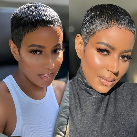 1pc Women'S Short Pixie Cut Wig - 150% Density Brazilian Virgin Human Hair, Basics Style Straight, Machine Made Rose Net Cap, Easy to Wear for Beginners