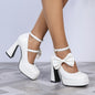 Elegant Women's Ankle Strap Pumps with Bow Detail - Breathable Faux Cover, Chunky Heel, Square Toe Dress Shoes in Black, White, Pink - Perfect for All Seasons