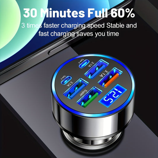 A Car Charger with Fast Charging Capability, Featuring Four USB Ports And a Digital Display, a 6-In-1 Phone Charging Head, Suitable for Car Phone Adapters And Accessories, an Essential Tool for Vehicles, And Supports Quick Phone Charging.