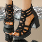 Women's Black Roman Sandals - Chunky Heel Platform Summer Shoes with Lace-Up Straps, Open Toe & Zipper Closure, Synthetic Cover & Rubber Sole for Casual/Formal Occasions, High Heel Sandals