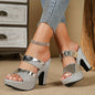 Elegant Golden Glitter Women's Platform Sandals - Sparkly Summer High Heels with Chunky Soles, Open Toe Design & Ankle Strap, Faux Cover