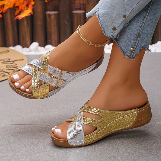 Summer New Arrival European and American Slippers Women's Color Block Sandals Golden Silvery Beach Shoes Large Size Fashion Casual Wear Thick Sole Anti-slip 4243