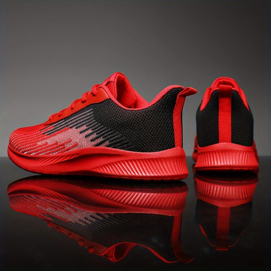 Men's Athletic & Casual Footwear - Breathable Mesh Running Shoes with EVA Cushioned Sole, Durable Non-Slip Outsole, Lace-Up Closure - Ideal for Daily Use & Exercise, Red/Black