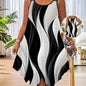 Women's Elegant Asymmetrical Hem Dress - Stretchy Polyester-Spandex Blend, Crew Neck Slingback Straps & Random Print Design, Machine Washable All-Season Casual to Dressy Wear, Versatile Fashion, Flowy Fabric
