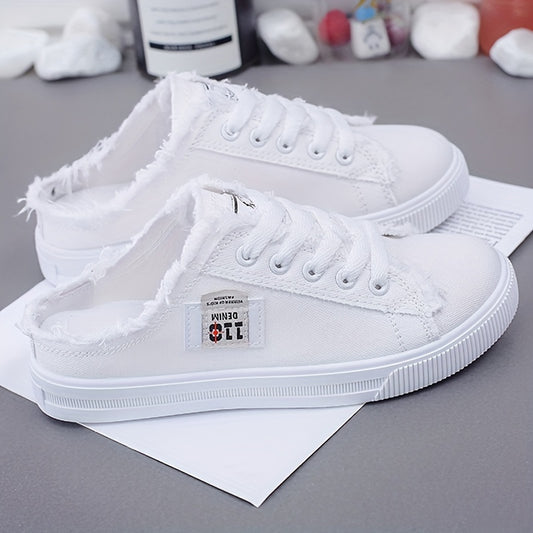Women'S Classic White Canvas Sneakers - Slip-On Sneakers with Round Toe, Breathable Fabric Upper & PVC Sole, Versatile All-Season Casual Shoes for Casual Attire, Ladies Sneakers