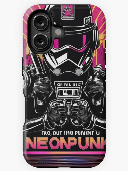 NeonPunk Soldier in a Dystopian Cityscape iPhone Case