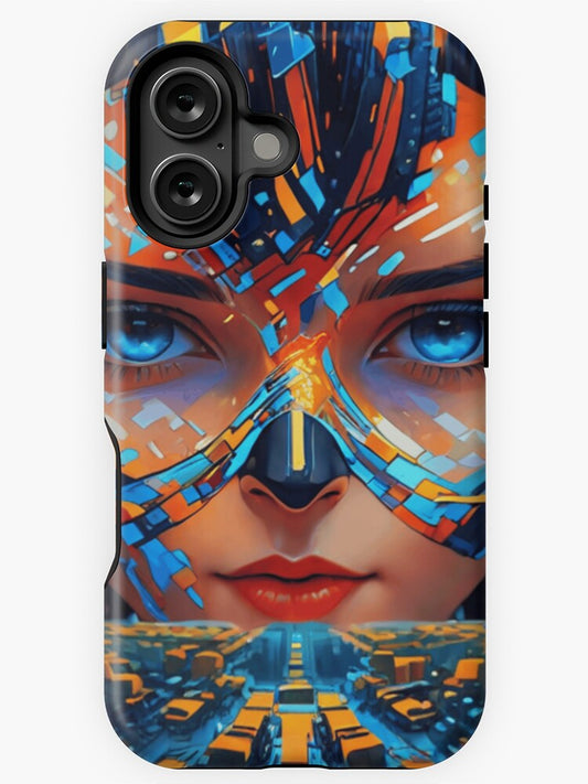 "Cyber City Visionary - Futuristic Portrait Art" iPhone Case