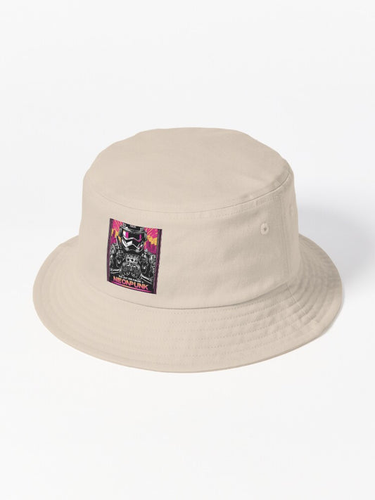 NeonPunk Soldier in a Dystopian Cityscape Bucket Hat