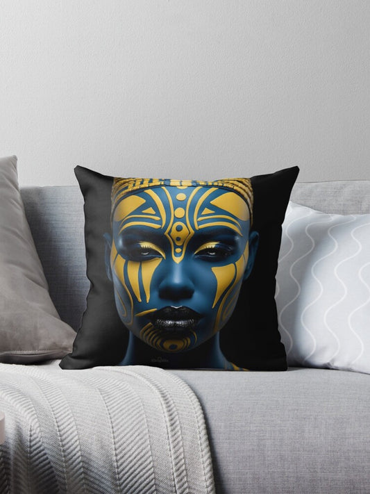 Regal Visage - A Captivating Tribal Portrait Pillow